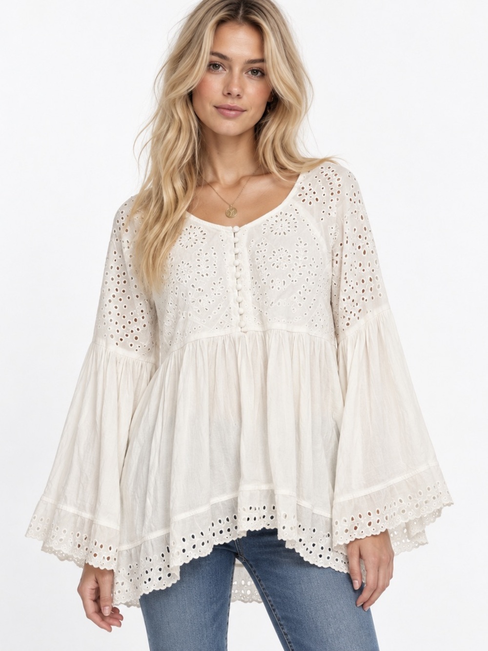 Free People Sea of Love Eyelet Tunic Blouse White XS Boho Bell Sleeve
